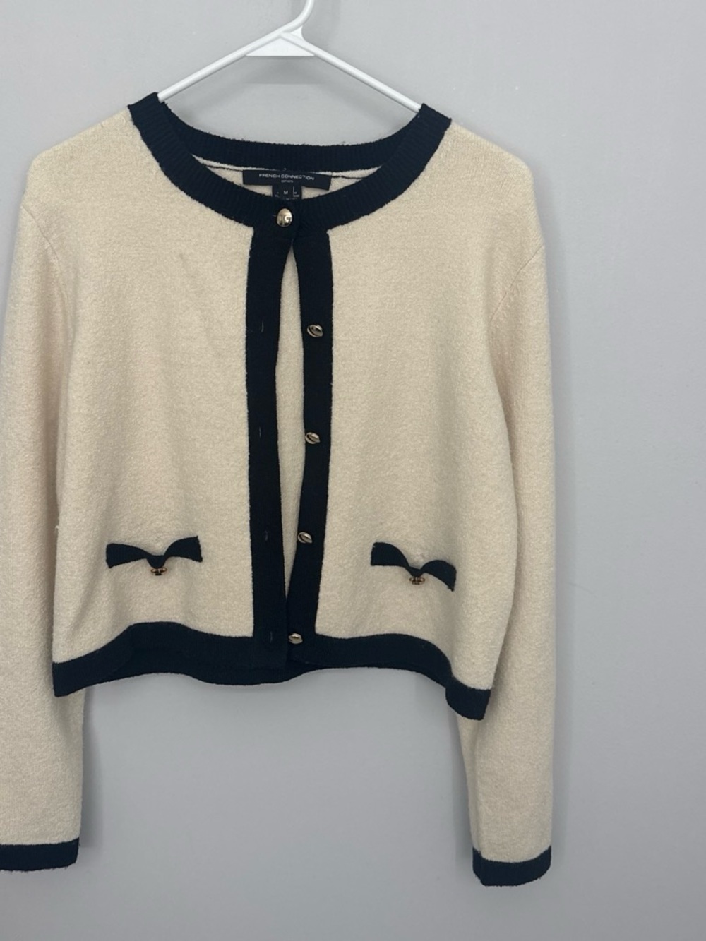 French Connection Cream Cardigan with Black Trim and Bow Details